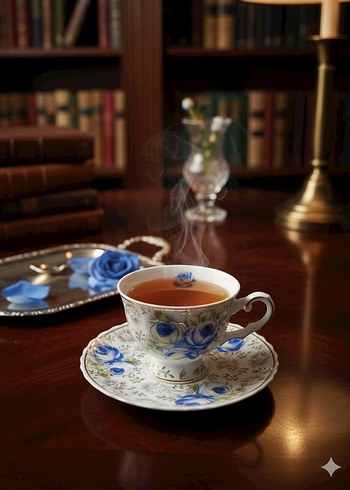 Mavi Gül Desenli Porselen Çay Fincanı