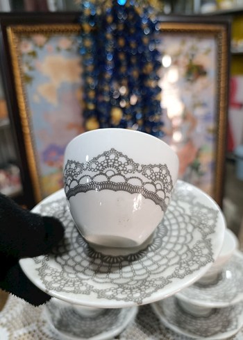 Gri Dantel Desenli Beyaz Kahve Fincan Takımı - Görsel 4