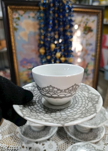 Gri Dantel Desenli Beyaz Kahve Fincan Takımı - Görsel 5