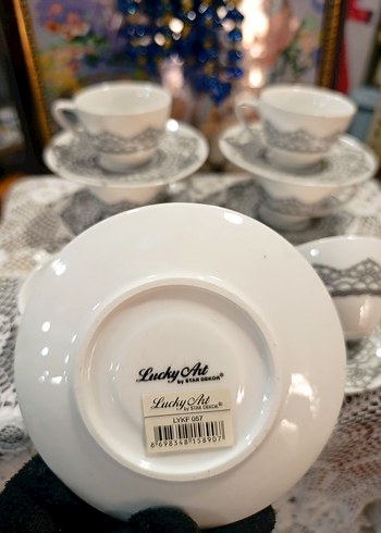 Gri Dantel Desenli Beyaz Kahve Fincan Takımı - Görsel 6