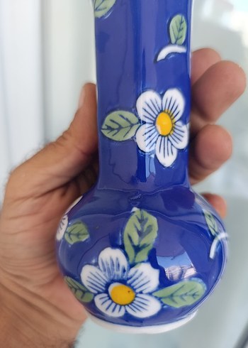 Beden mavi Renk Mavi Çiçek Desenli Vazo el boyama
