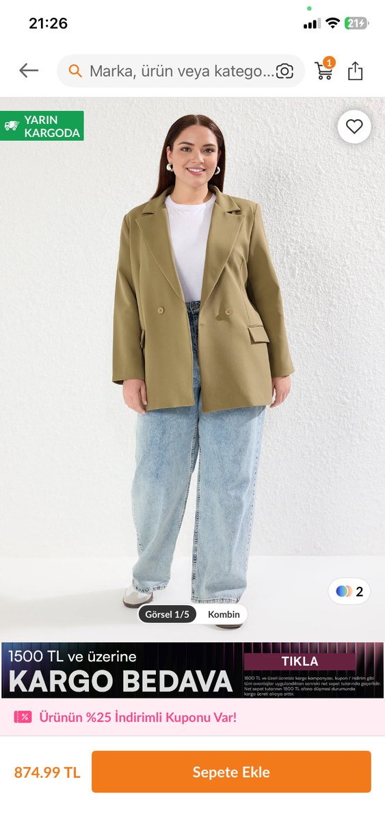 Kadın Haki Midi Boy Düğmeli Blazer Ceket - Görsel 4