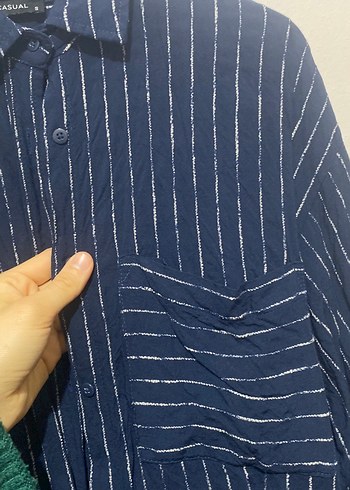 Lacivert Çizgili Kadın Keten Gömlek - Görsel 2