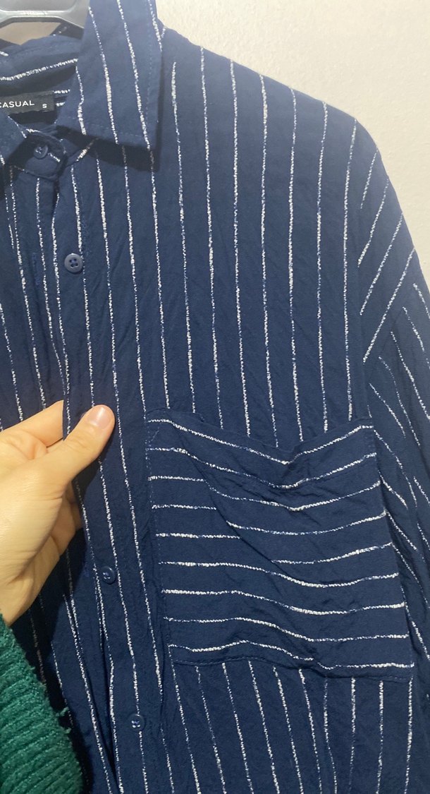 Lacivert Çizgili Kadın Keten Gömlek - Görsel 2