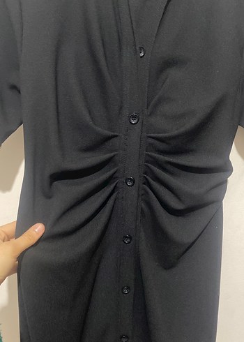 V Yaka Drapeli Siyah Uzun Kadın Elbise - Görsel 2