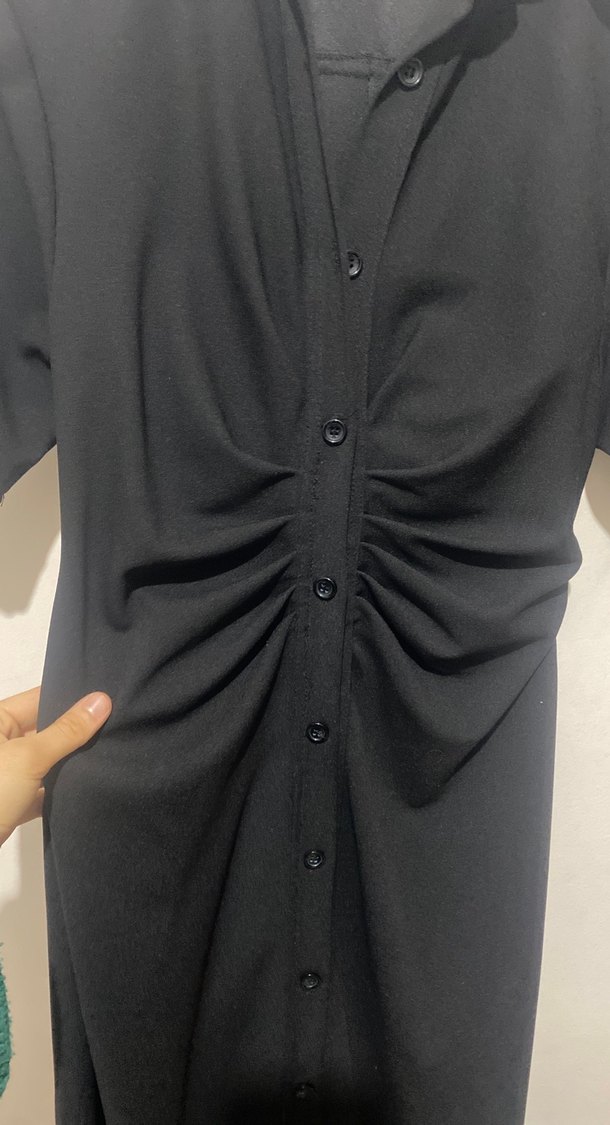 V Yaka Drapeli Siyah Uzun Kadın Elbise - Görsel 2