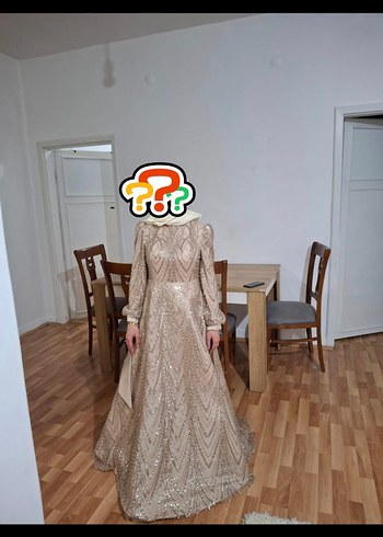 Bej İşlemeli Uzun Abiye Elbise - Görsel 7