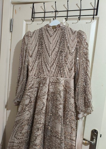 Bej İşlemeli Uzun Abiye Elbise - Görsel 5