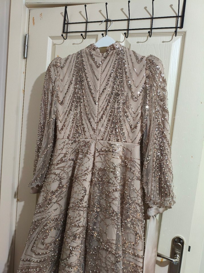 Bej İşlemeli Uzun Abiye Elbise - Görsel 5