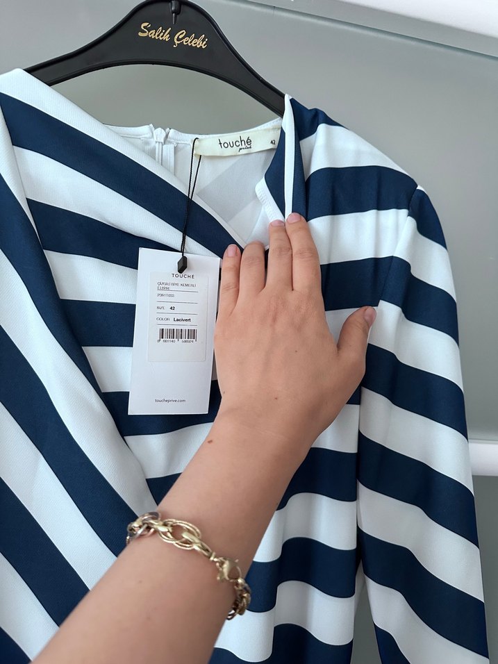 Uzun Kollu Çizgili Kadın Elbise - Görsel 5