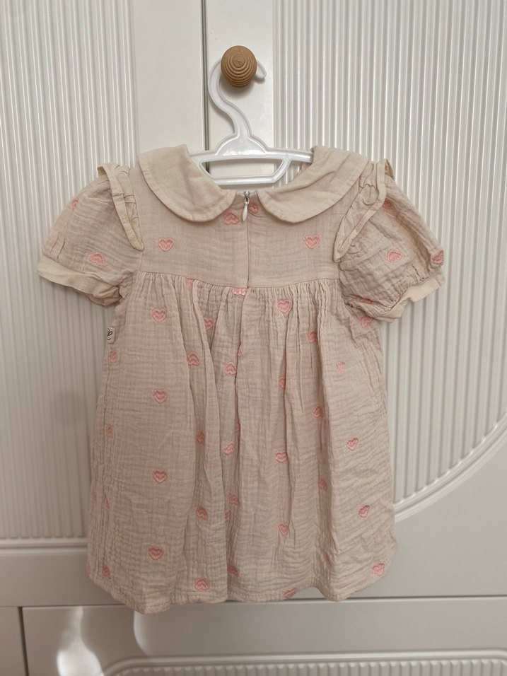 Kız Çocuk Bej Keten Nakışlı Elbise - Görsel 2