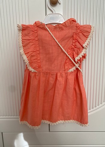 Pembe Keten Kolsuz Fırfırlı Kız Çocuk Elbisesi - Görsel 2