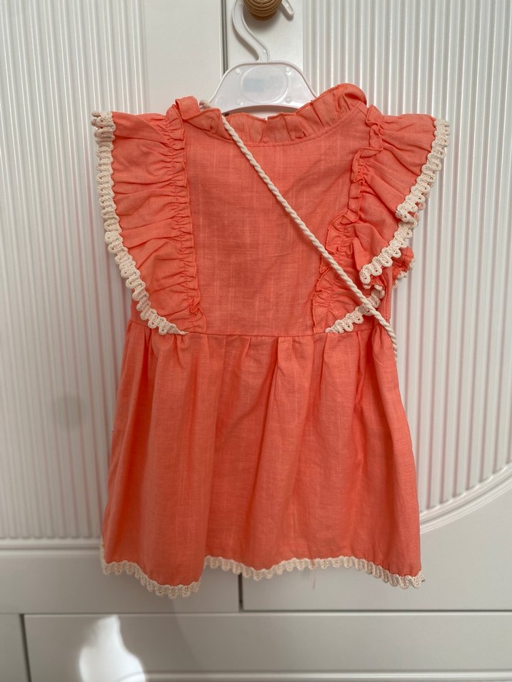 Pembe Keten Kolsuz Fırfırlı Kız Çocuk Elbisesi - Görsel 2