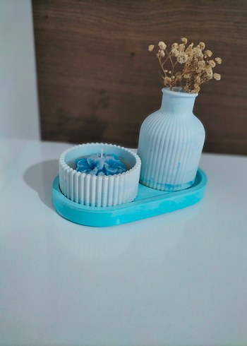  Beden Pastel Mavi Mum ve Vazo Seti