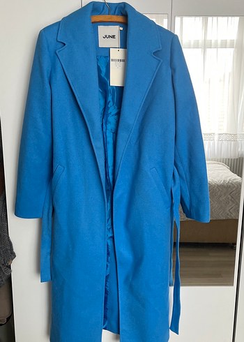 Mavi Kuşaklı Kadın kaşe Kaban - Görsel 2