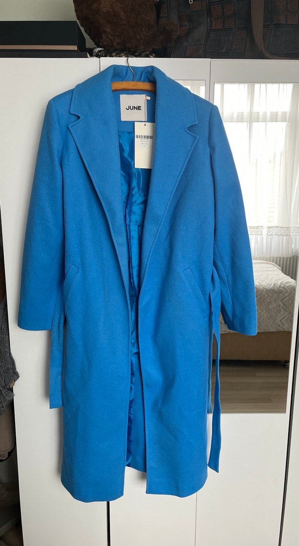 Mavi Kuşaklı Kadın kaşe Kaban - Görsel 2