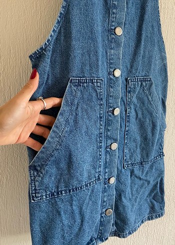 Düğmeli Mavi Kadın Denim Tulum - Görsel 2