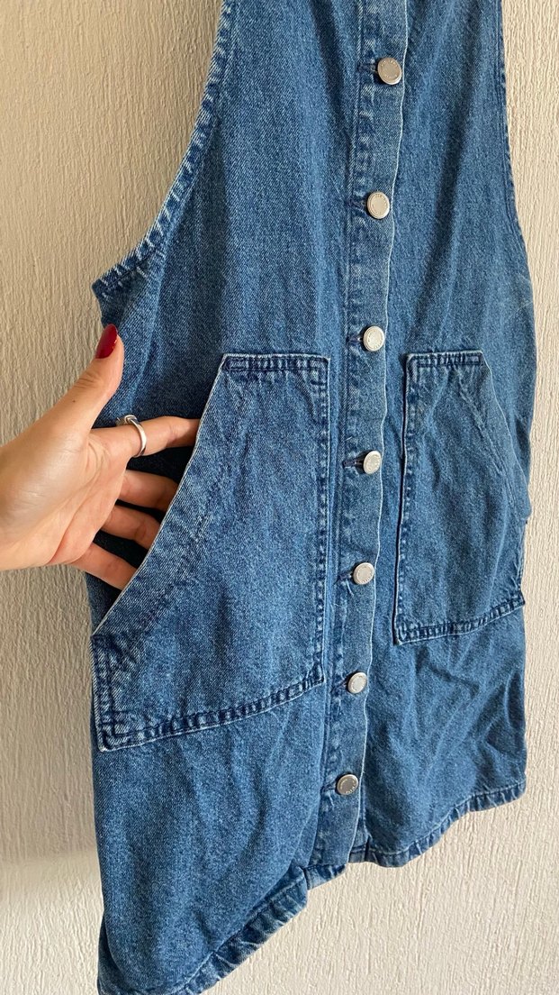 Düğmeli Mavi Kadın Denim Tulum - Görsel 2