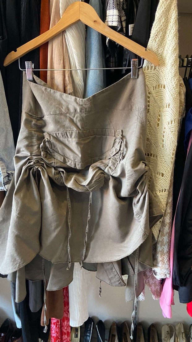 Drapeli Bej Keten Hamile Midi Etek - Görsel 2