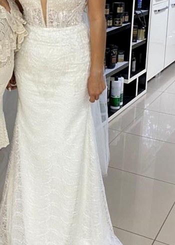 V Yakalı Modern Klasik A Kesim Gelinlik - Görsel 7