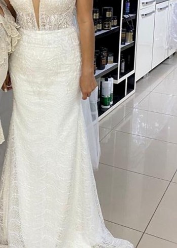 V Yakalı Modern Klasik A Kesim Gelinlik - Görsel 5