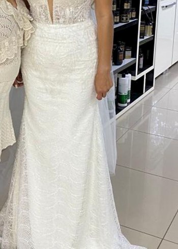 V Yakalı Modern Klasik A Kesim Gelinlik - Görsel 6