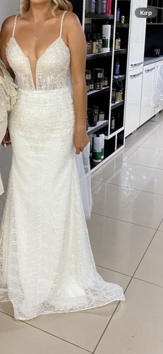 V Yakalı Modern Klasik A Kesim Gelinlik - Görsel 5