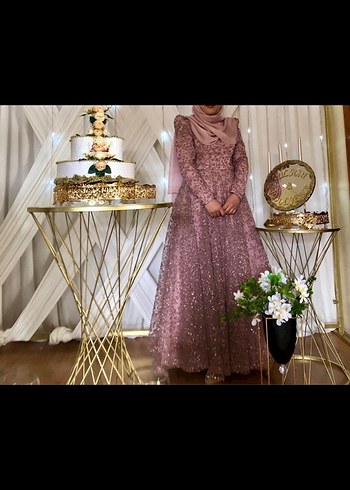 Pembe Parlak Çiçek Desenli Uzun Abiye Elbise - Görsel 2