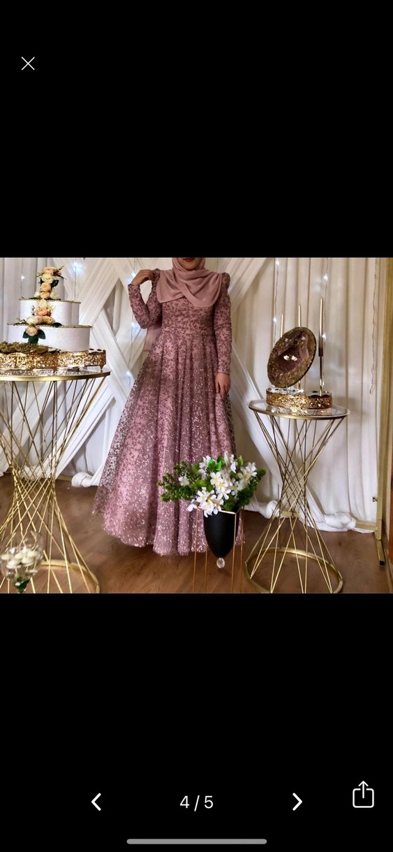 Pembe Parlak Çiçek Desenli Uzun Abiye Elbise - Görsel 3