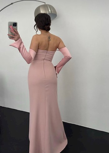 Abiye Pembe Drapeli Uzun Kollu Abiye Elbise