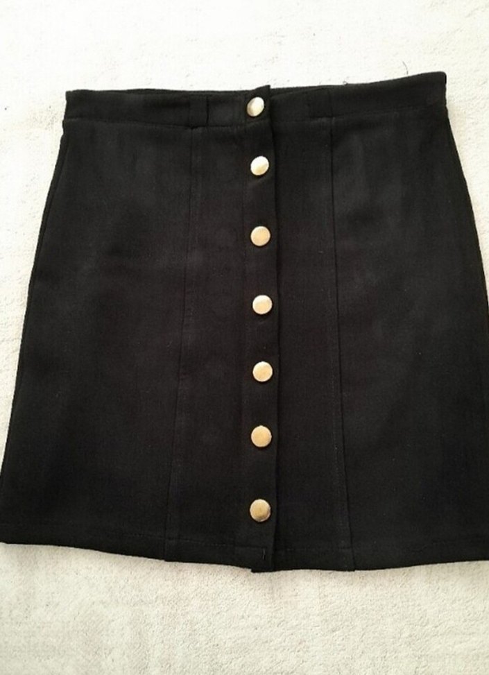 Düğmeli Siyah Süet Mini Etek - Görsel 2