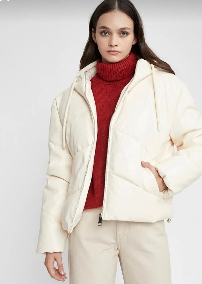 Defacto Ekru Deri şişme mont - Görsel 2