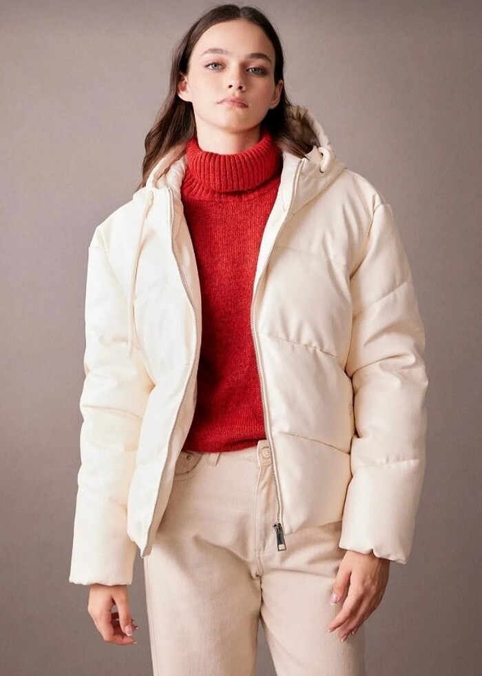 Defacto Ekru Deri şişme mont - Görsel 3