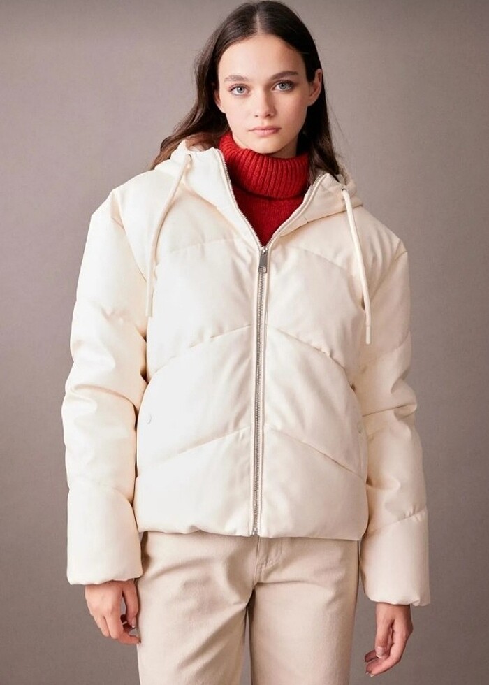 Defacto Ekru Deri şişme mont - Görsel 4