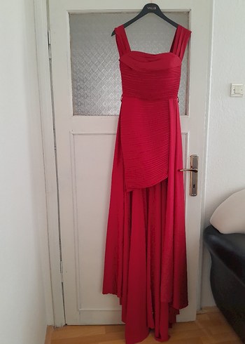 Kırmızı Drapeli Uzun Abiye Elbise - Görsel 2