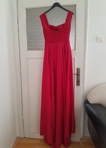 Kırmızı Drapeli Uzun Abiye Elbise - Görsel 7