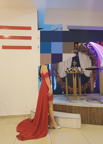 Kırmızı Drapeli Uzun Abiye Elbise - Görsel 4