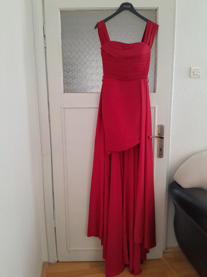 Kırmızı Drapeli Uzun Abiye Elbise - Görsel 2