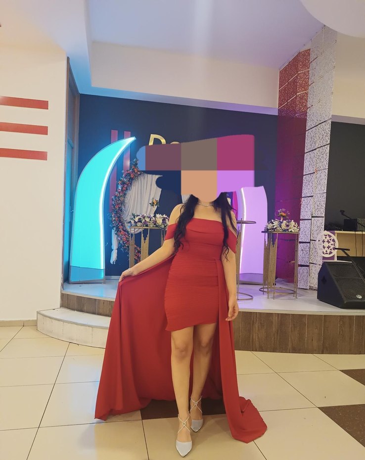 Kırmızı Drapeli Uzun Abiye Elbise - Görsel 3