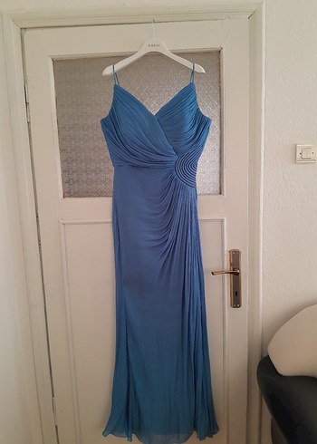 Drapeli Straplez Mavi Uzun Abiye Elbise - Görsel 9