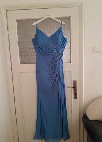 Drapeli Straplez Mavi Uzun Abiye Elbise - Görsel 10