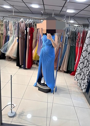 Drapeli Straplez Mavi Uzun Abiye Elbise - Görsel 12