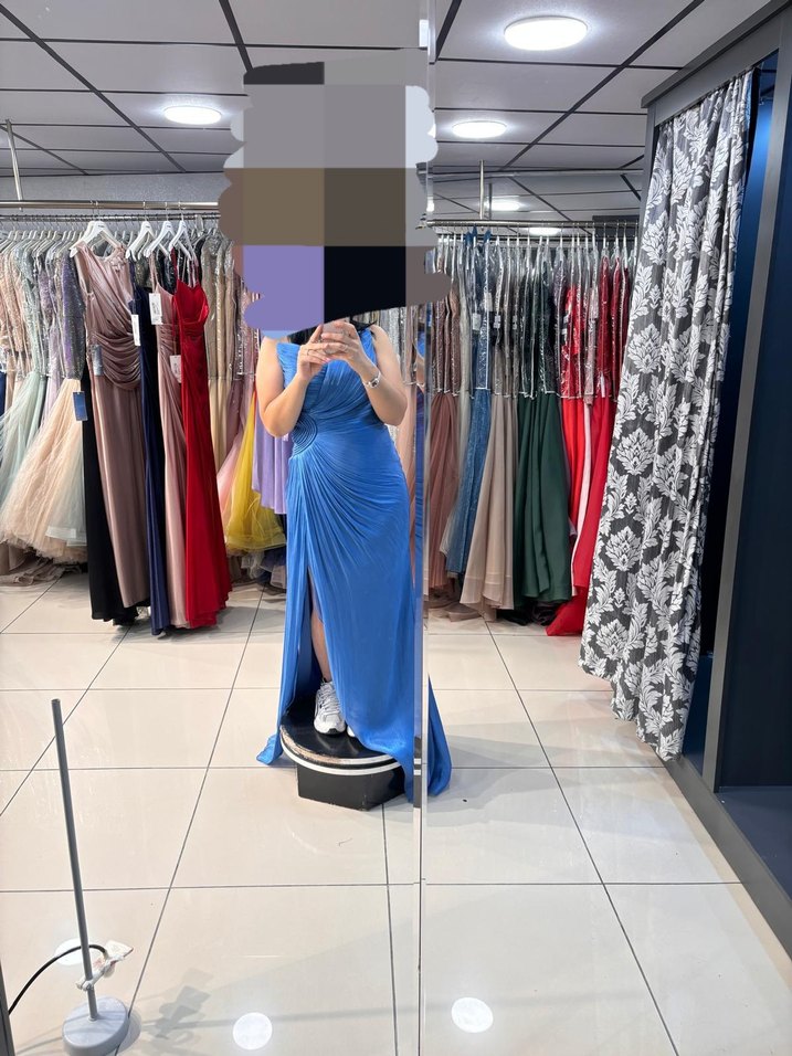 Drapeli Straplez Mavi Uzun Abiye Elbise - Görsel 2