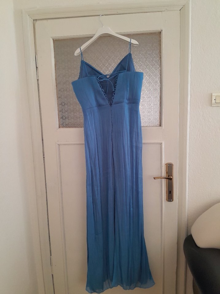 Drapeli Straplez Mavi Uzun Abiye Elbise - Görsel 4