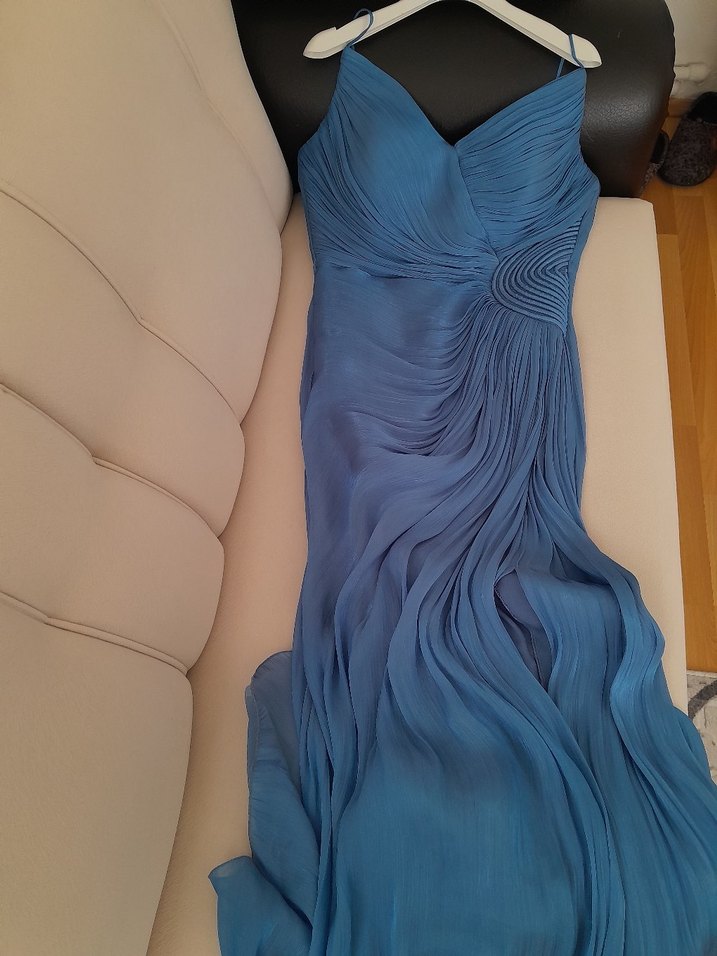 Drapeli Straplez Mavi Uzun Abiye Elbise - Görsel 3
