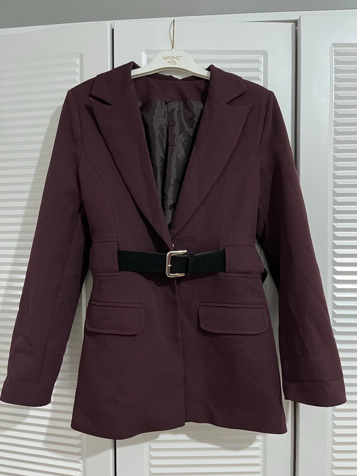 Bordo Kemerli Mini Kadın Blazer Ceket - Görsel 2
