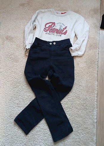 Düğmeli Bol Kesim Kız Kot Pantolon ve sweatshirt tk - Görsel 2