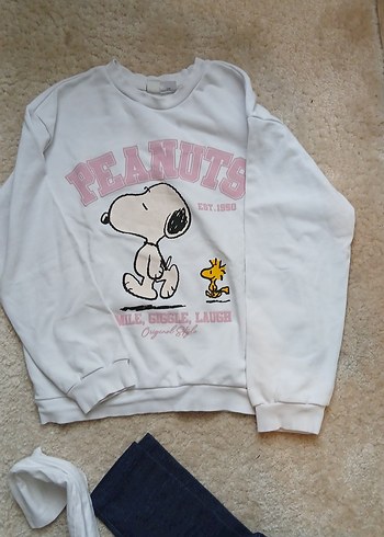 Beyaz Baskılı Pamuklu Kız Sweatshirtler ve tayt - Görsel 2