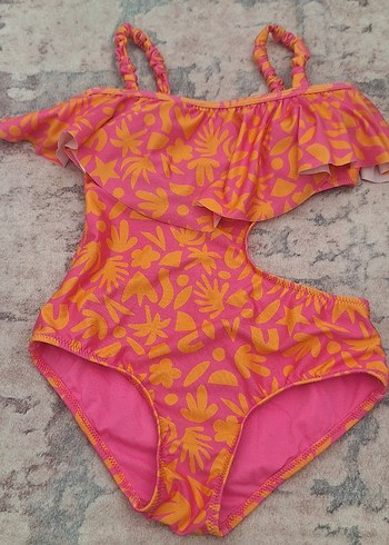 11-12 Yaş Beden Kız Çocuk Pembe Desenli Askılı Mayo