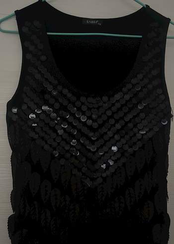 Siyah pullu ve yaprak işli yuvarlak yaka Kolsuz Midi Elbise - Görsel 2